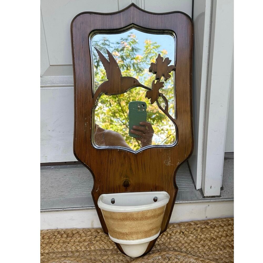 Vintage Wood Wall Caddy Mirror plant holder hummingbird hang retro boho